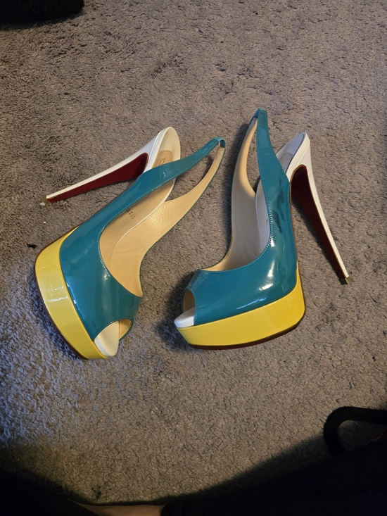 Christian Louboutin Shoes - Christian Louboutin Teal and Yellow Patent Peep-Toe Slingback Pumps